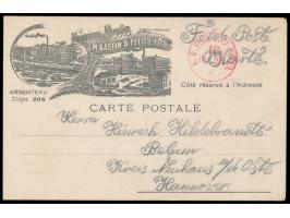 Stempel  K. D. Feld-Post-Exped. 18. Inf. Div.  ohne Datum ungebraucht  in rot  auf dekorativer belgischer Firmenkarte aus  Ar