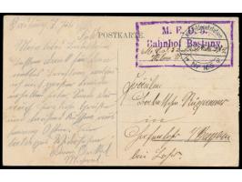 Stempel K. D. Feldpoststation Nr. 166 a 8.7.16 (in Wilna) und großer violetter R3 &nbsp;M. E. D. 5 / Bahnhof Bastuny / ..., &