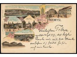 mehrfarbige Sechsbild-Litho-Ansichtskarte  "Gruss aus Przemysl" , Frankatur Österreich 5 Kr., Stempel Przemysl 22.4.98, in di