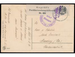 Feldpostkarte mit Briefstempel Armee-Fernsprech-Abteilung 116 und  Aufkleber "Geprüft / Postüberwachungshilfsstelle / Nr. 692