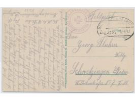 Feldpostkarte (Ansicht Ratibor) mit Bahnpoststempel Breslau - Oderberg Zug 212 17.8.17 und Briefstempel  Krankenzug 17 / Etap