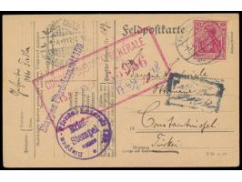 10 Pf. mit aptiertem Stempel &nbsp;Feldpost ... &nbsp;5.4.18 auf Feldpostkarte nach Constantinopel, zwei verschiedene Briefst