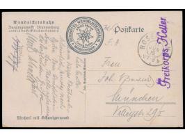 Feldpostkarte mit Stempel  Rosenheim  11.6.19 und L1  Freikorps Heller  nach München, Einsatz zur Beseitigung der Münchner Rä
