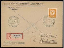 Stempel DDP Alpenvorland  Klausen  4.4.44 auf Einschreibbrief mit Einzelfrankatur  Dienstmarke  50 Pf. nach Schönebeck, Leits