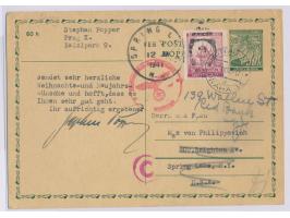 Ganzsache 50 H. mit Zusatzfrankatur 1 K. als  Auslandskarte  nach USA, Stempel Prag 35 12.12.40, roter Zensurstempel der Prüf