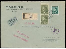 50 H. und 2 x 3 K. Hitler auf  Luftpost-Einschreibbrief  mit Stempel  Prag 1  15.12.42 nach Stockholm, vorderseitig gedruckte