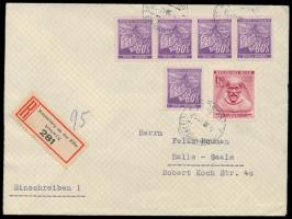 5 x 60 H. und 1,20 K. auf Einschreibbrief mit Stempel Neuenburg a. d. Elbe 22.3.43 nach Halle, R-Zettel mit zweisprachiger Or