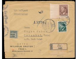 50 H und 6 K Hitler (Eckrand links unten) auf  Luftpost-Einschreibbrief  mit Stempel Prag 1 3.4.43  in die Türkei,  Durchgang