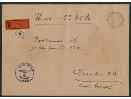 Stempel  Prag 2 DDP Böhmen-Mähren  10.4.43 auf  Wertbrief-Postsache  (Format 22,9 x 16,4 cm) nach Dresden, entsprechender  Di