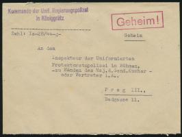 Dienstmarken 1.20 und 3 K. auf Einschreibbrief des Kommando der Unif. Regierungspolizei nach Prag, Stempel Königgrätz 4.5.44,