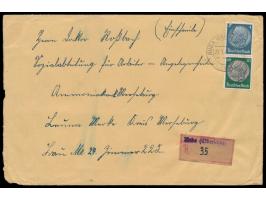 4 Pf. (beschädigt) und 50 Pf. Hindenburg auf Einschreibbrief 2. Gewicht, Stempel  Ruda (Oberschles)  23.1.41,  provisorischer