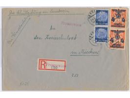 Aufdruckausgabe 2 x 50 Gr. und 2 x 4 Gr auf   Einschreibbrief  2. Gewicht mit rotem Aufgabe-L1  Proszowice,  gleicher Stempel