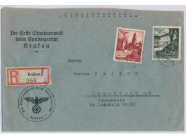 24 Gr und 60 Gr auf  Einschreibbrief  mit Stempel  Krakau 1  11.7.41 nach Frankfurt, Absender- und Dienstsiegel-Eindruck  "De
