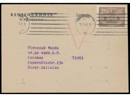 Dienstmarke 6 Gr auf Drucksachenkarte der Rentenkammer Warschau nach Kolomea, Maschinenstempel Warschau C 1 10.2.42, roter  V