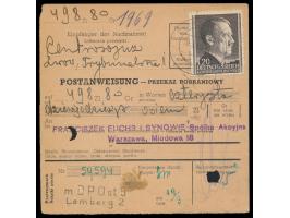 Einzelfrankatur 1,20 Zl. (kleiner Stockpunkt) auf  Postanweisung  auf 498 Zl., Stempel  Lemberg 2  19.3.43, nach Warschau, An