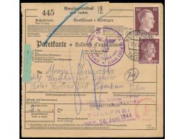 Auslandspaketkarte mit 15 Pf. und 60 Pf. Hitler mit Stempel  Neulosimthal über Tachau  17.6.44 ins Generalgouvernement, Stemp