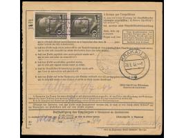 Auslandspaketkarte mit 15 Pf. und 60 Pf. Hitler mit Stempel  Neulosimthal über Tachau  17.6.44 ins Generalgouvernement, Stemp