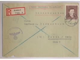 Einzelfrankatur  1 Zl. "Gottlieb Pusch"  auf überfrankiertem Einschreibbrief mit Stempel  Krakau 2  11.10.44 nach Halle, Brie