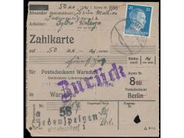 Einzelfrankatur 20 Pf. Hitler auf  Zahlkarte für Postscheckamt Warschau  / Sonderkonto Lohnersparnisse in Warschau, Österreic