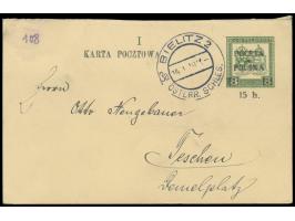 Krakauer Ausgabe: Überdruck  Poczta Polska 15 h.  auf Österreich-Feldpost-Ganzsache 8 h (Frageteil), Stempel  Bielitz 2 Öster