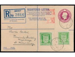Jersey,  R-Ganzsachenumschlag 4 1/2 d. (Format F, mit Neopostfreistempel (Maschinen-Nr. 8) 1 d. und 2 x Jersey 1/2 d., Stempe
