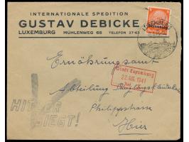 Aufdruckmarke 8 Pfg. auf Ortsbrief mit Werbestempel Luxemburg 21.8.41, großer amtlicher Nebenstempel  V Hitler siegt , selten