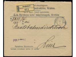 zweisprachiger Vordruckumschlag "K. k. Staatsbahndirektion Krakau" als  portofreie Dienstsache-Einschreiben  nach Linz / Öste