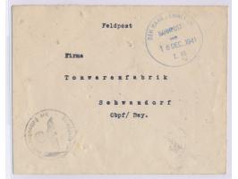 blauer Stempel  Den Haag - Emmerich / Bahnpost / vom ... / Z 68  und Datum-L1 18. Dec. 1941 auf Feldpostbrief nach Schwandorf