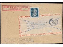 4 Pf. Hitler mit  Vorausentwertung  (Datumstempel-Fragment) auf Streifband "Europa-Kabel Amsterdam" nach Prag, Leitstempel "D