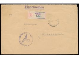 Feldpost-R-Brief mit Stempel  Kauen DDP Ostland  25.8.41 nach Halle, auf Formularpapier gefertigter  provisorischer R-Zettel 