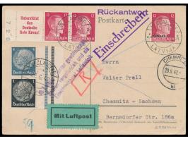 Mischfrankatur Ostland 12 Pf. mit Hindenburg- und Hitler-Zusammendruck als  Luftpost-Einschreiben-Postkarte  an Prell in Chem