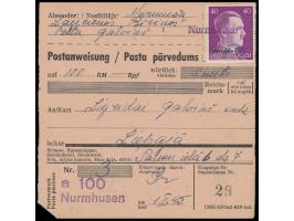 Einzelfrankatur 40 Pf. auf  Postanweisung  (zweisprachiges Formular für Lettland) innerhalb des  Kurland-Kessels , entwertet 