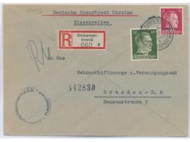 Stempel &nbsp;Dnjepropetrowsk &nbsp;DDP Ukraine b 23.3.43 auf &nbsp;Einschreibebbrief &nbsp;nach Dresden, R-Zettel mit UB a, 