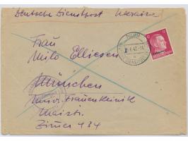 Stempel &nbsp;Pologi &nbsp;DDP Ukraine a 25.6.43 auf Brief nach München, Frankatur 12 Pf., Briefstempel Eisenbahnbetriebsdire