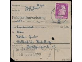 Feldpostanweisung  auf 200 RM nach Walldorf, Frankatur Ukraine 40 Pf. mit Feldpoststempel mit Kenn-Nr. 998 15.7.43 und 20 Pf.