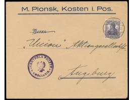 Aufstandsgebiet in der Provinz Posen,  Firmenbrief mit Dt. Reich 15 Pf. nach Augsburg, deutscher Stempel  Kosten (Bz Posen)  