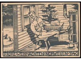 Feldpostbildkarte  "Frohe Weihnachten - Norwegen - 1940"  (Holzschnitt-Abbildung: Soldat in Hütte mit Weihnachtsbaum), bildse