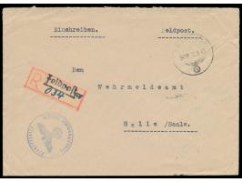 FPSt mit Kenn-Nr. 508 22.8.41 (Feldpostamt 92) auf &nbsp;R-Brief &nbsp;nach Halle, &nbsp;provisorischer &nbsp;R-Zettel, &nbsp