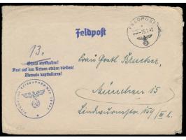 Brief mit FPSt a 25.1.42 nach München, Absender und Briefstempel ... FPNr. 14941 = Verpflegungsamt 713, seltener Propagandast