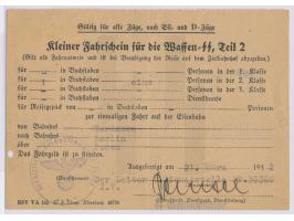 Kleiner Fahrschein für die Waffen-SS, Teil 2, &nbsp;gültig für alle Züge ..., ausgestellt 21.3.1942 von der Dienststelle FPNr
