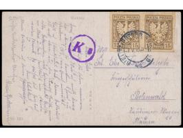 P.K.L. 15 H.  im Paar auf Ansichtskarte mit Stempel  Bielitz, Österr. Schlesien  7.5.19 nach Rotenwald /Tschechoslowakei, Zen