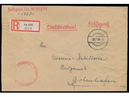 Dienst-R-Brief mit Tarnstempel 2.7.43,  Feldpost-R-Zettel der Marine "Fp XIII" , Postamt Gotenhafen, Absender FPNr. M 21879 =