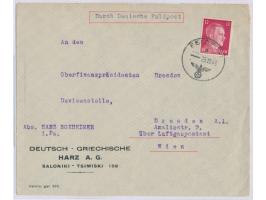 12 Pf. Hitler mit Feldpoststempel 25.10.43 auf  Firmenbrief aus Saloniki  über die deutsche Feldpost nach Deutschland, Bedarf