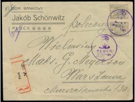 provisorischer Stempel  Plock  mit handschriftlichem Darum 13.5.19 auf  Einschreibbrief  mit 2 x 25 F. nach Warschau, weiterv