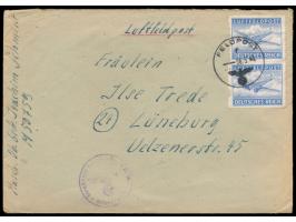 Luft-Feldpostbrief mit zwei durchstochenen Zulassungsmarken, FPSt 6.5.44, vorderseitig handschriftlicher Absender und etwas u