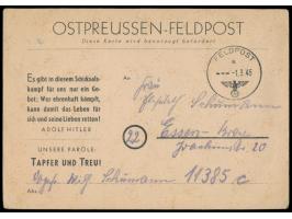 Ostpreußen-Feldpost, Vordruckkarte &nbsp;auf weißem Karton, FPSt a 1.3.45 nach Essen-Kray, Absender FPNr. 11385 C = 2. Kompan