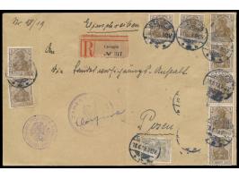 Ehemals Preussische Provinz Posen, &nbsp;Deutsches Reich 2 Pf. und 9 x 3 Pf. (zwei weitere Marken abgefallen) auf &nbsp;Einsc