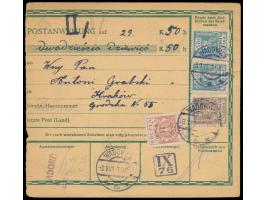 Postanweisung  auf 29 K. (österreichisches Formular), Frankatur 3 H., 20 h. und 2 x 25 H. (Stempelgebühr durch Briefmarke abg