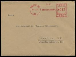 Ortsbrief mit Absenderfreistempel Albrecht &amp; Heinrich Berlin SW 11 22.2.37 mit Hakenkreuz-Wertrahmen 012 Pf., Tarnbezeich