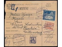 Postanweisung  auf 1000 K., Frankatur 50 H. und 2 K., Österreich-Stempel  Rozwadow  3.9.19, nach Krakow, rückseitig Aushilfsp